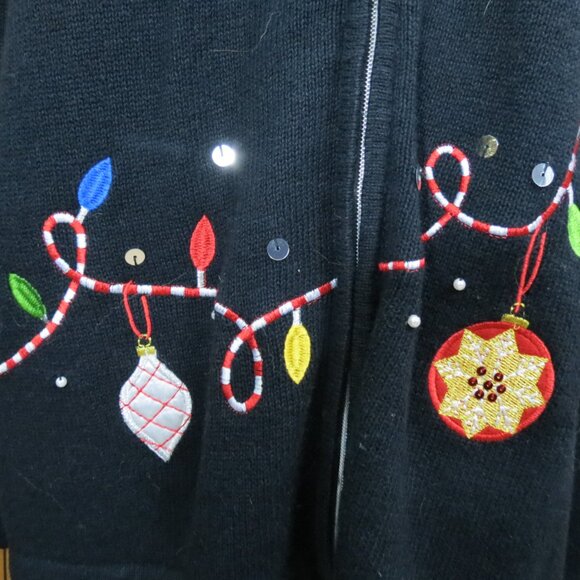 Nouveaux Women's Christmas Sweater Black Zip Ornaments Holiday Size Large - Picture 5 of 10